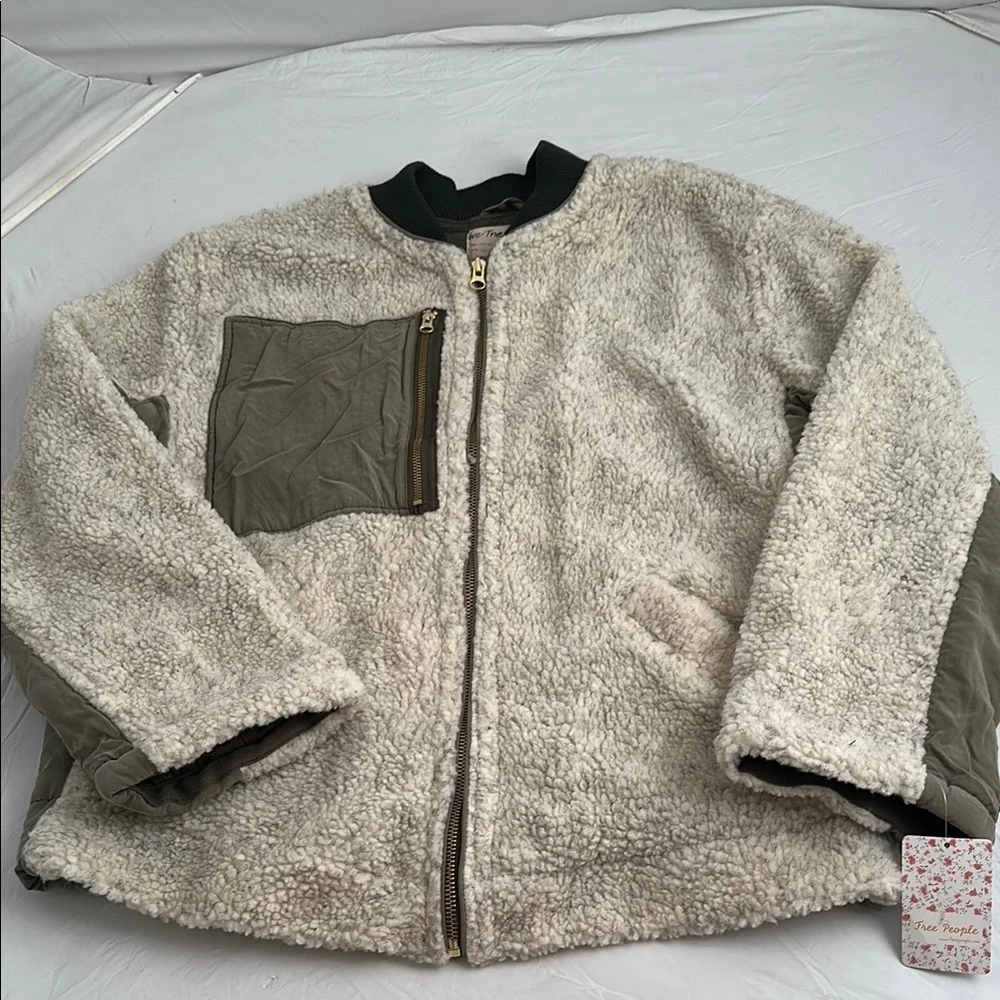 Free People Rivington Sherpa olive and ivory full zip jacket